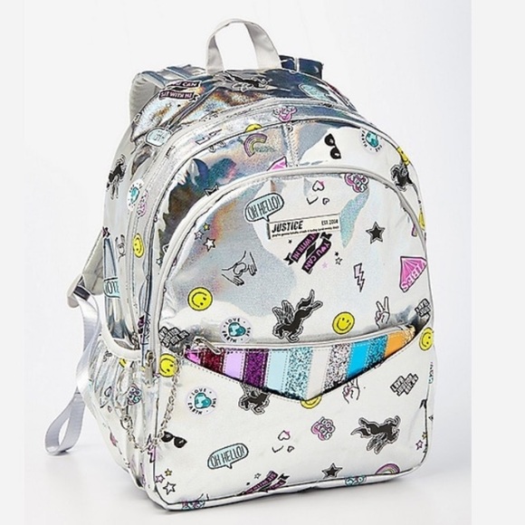 NWT justice holographic sticker pocket full size backpack silver - Picture 1 of 4